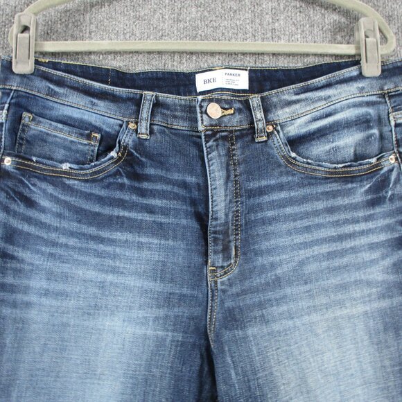 BKE Buckle Super Flare PARKER Jeans Womens 32 Blue Stretch Fit 36x30 Denim Fray - Picture 3 of 16